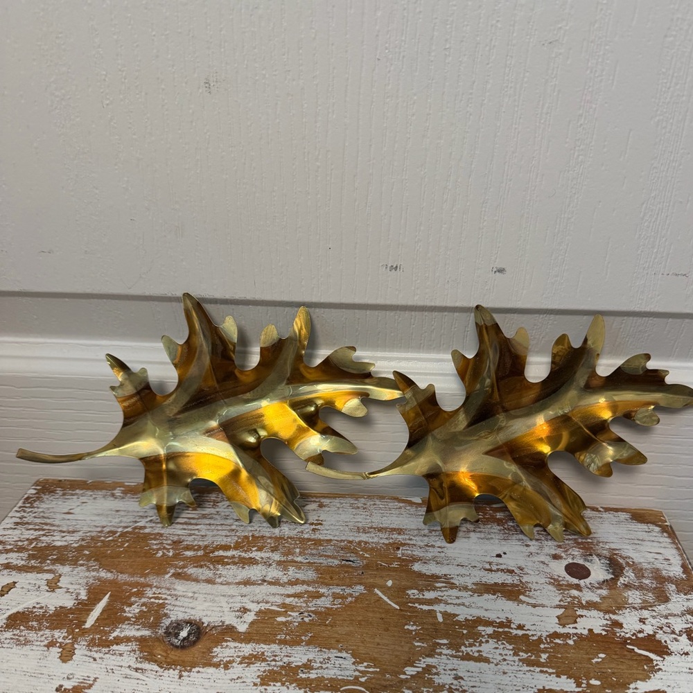 Vintage Home Interiors HOMCO 2 Brass Metal Oak Leaves Wall Decor Art 7.75"